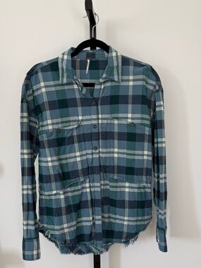 Free People Women’s oversized Teal and Navy Plaid Button-Down Shirt